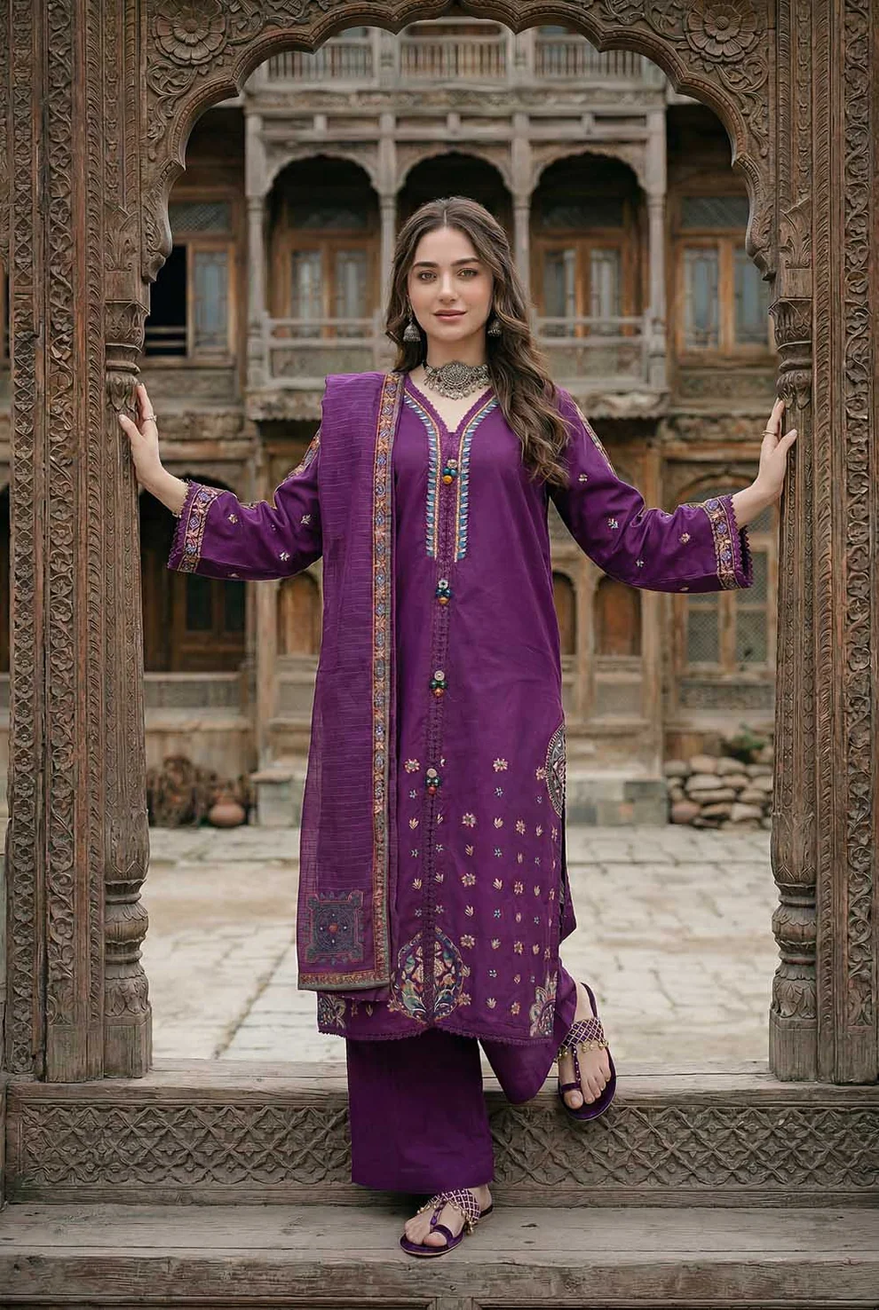 Zahra Rubab Purple 4 Piece Embroidered Lawn Suit with Hand Painted Doria Dupatta - Image 7